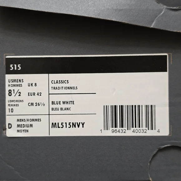 NEW BALANCE 515 Classic Sneakers Men's Size 8.5 Navy White ML515NVY New